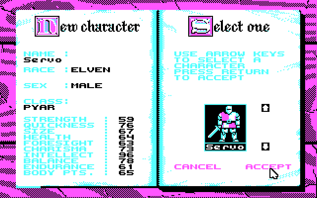 Knights of Legend IBM PC/Compatibles Screenshot: Character creation.