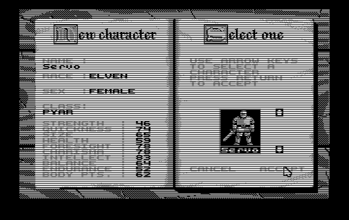 Knights of Legend IBM PC/Compatibles Screenshot: Character creation.