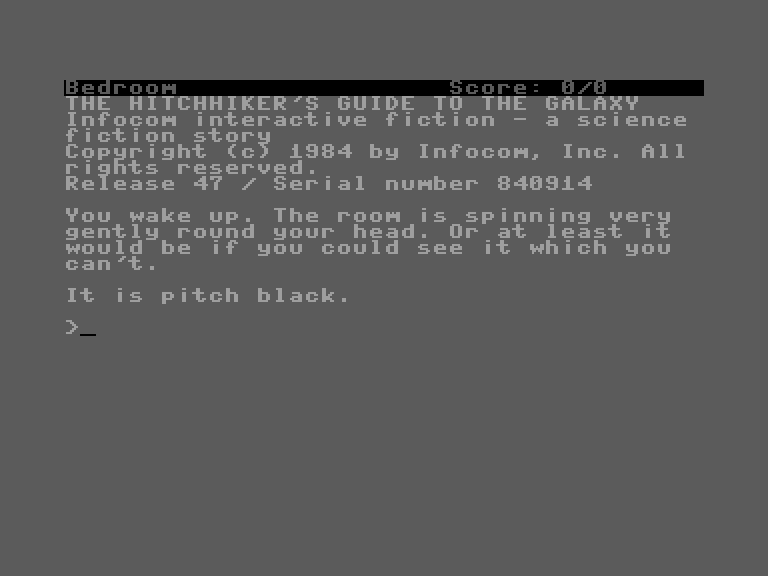 Hitchhiker's Guide to the Galaxy, The Commodore 16 & Plus/4 Screenshot: Starting screen.
