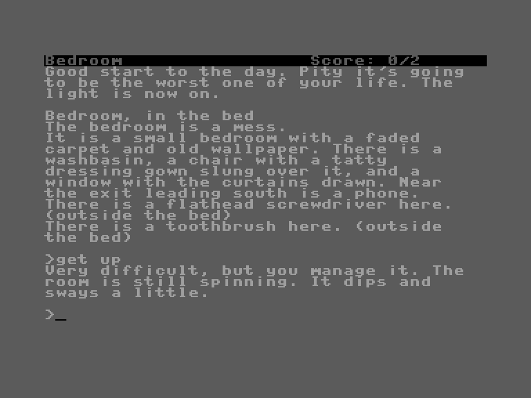 Hitchhiker's Guide to the Galaxy, The Commodore 16 & Plus/4 Screenshot: Getting up, and the room is spinning...