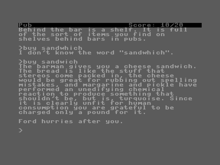Hitchhiker's Guide to the Galaxy, The Commodore 16 & Plus/4 Screenshot: You'll need to make a quick stop at the local pub...