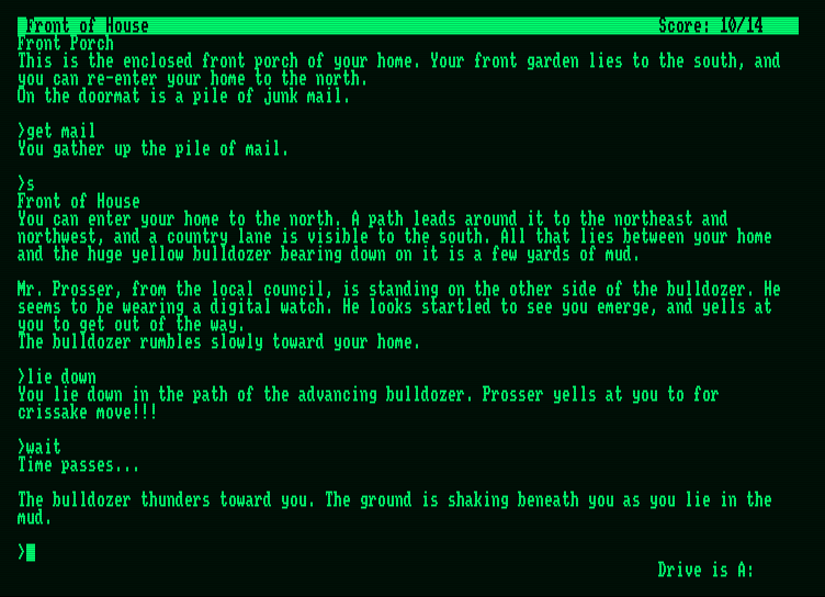 Hitchhiker's Guide to the Galaxy, The Amstrad PCW Screenshot: A bulldozer is heading towards me!