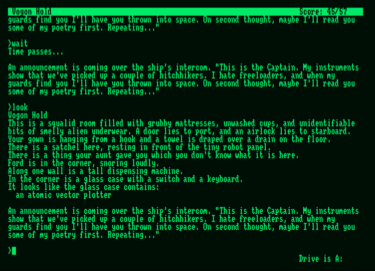 Hitchhiker's Guide to the Galaxy, The Amstrad PCW Screenshot: Oh no, we've been discovered!
