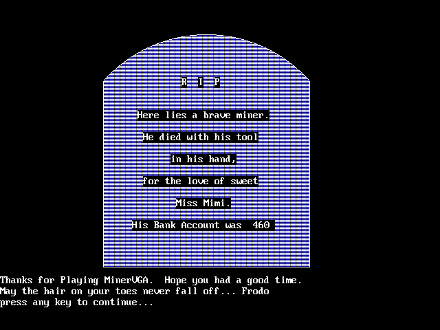 MinerVGA IBM PC/Compatibles Screenshot: Game over.