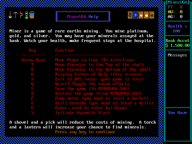 MinerVGA IBM PC/Compatibles Screenshot: Game instructions.