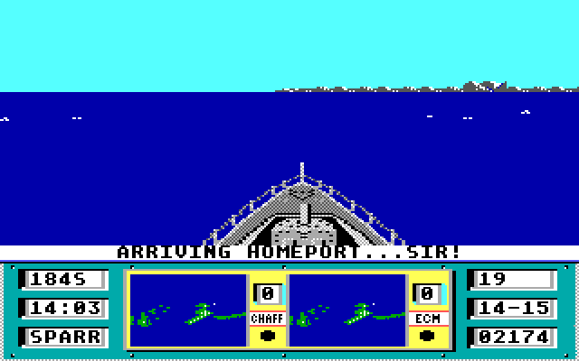 Ocean Ranger IBM PC/Compatibles Screenshot: A message telling the Captain of home port arrival