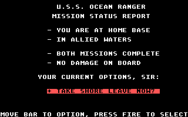 Ocean Ranger IBM PC/Compatibles Screenshot: Mission Report and a request for much-deserved shore leave