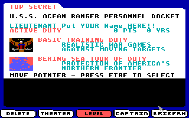 Ocean Ranger IBM PC/Compatibles Screenshot: This is the Admin screen where you enter your name and choose the level and theater