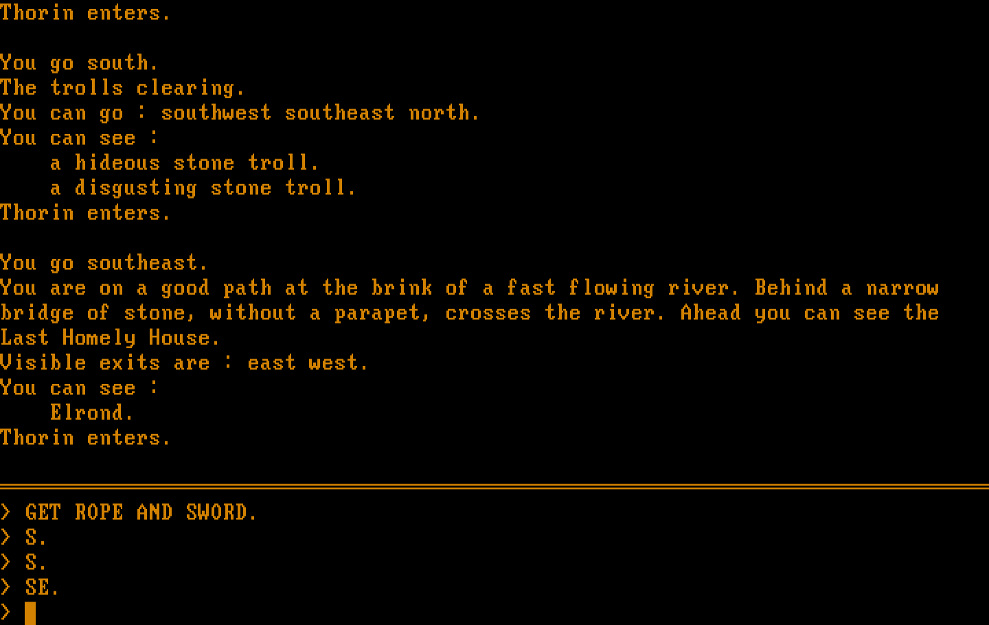 Hobbit, The IBM PC/Compatibles Screenshot: I now have a rope and a sword...