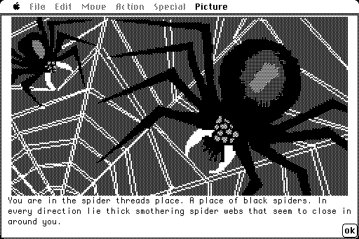 Hobbit, The Macintosh Screenshot: Giant spiders! Lookout!