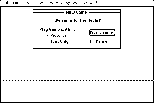 Hobbit, The Macintosh Screenshot: Starting a new game; do you want pictures?