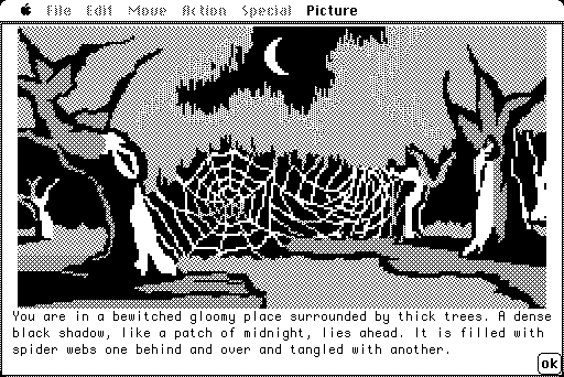 Hobbit, The Macintosh Screenshot: The forest is filled with spider webs.