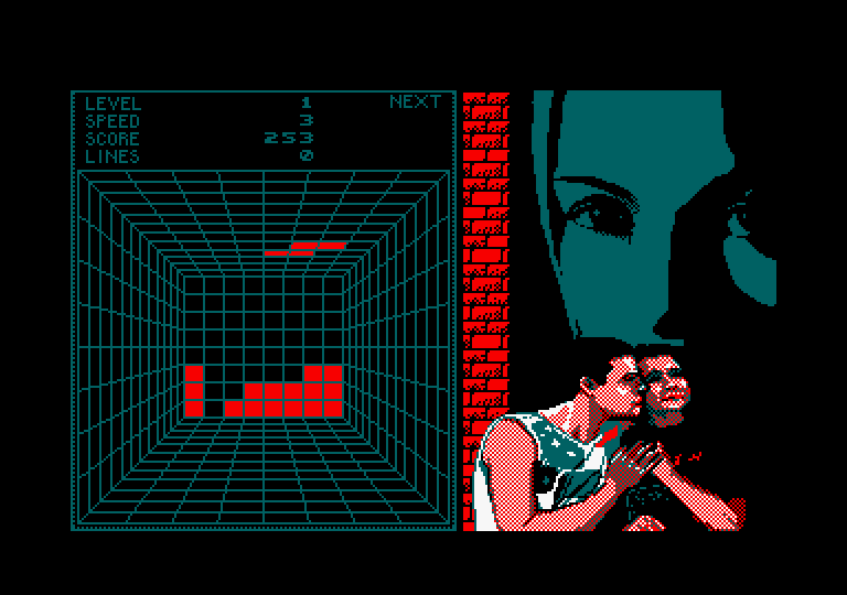 Welltris Amstrad CPC Screenshot: Some pieces are familiar ones from Tetris, while others are completely new.