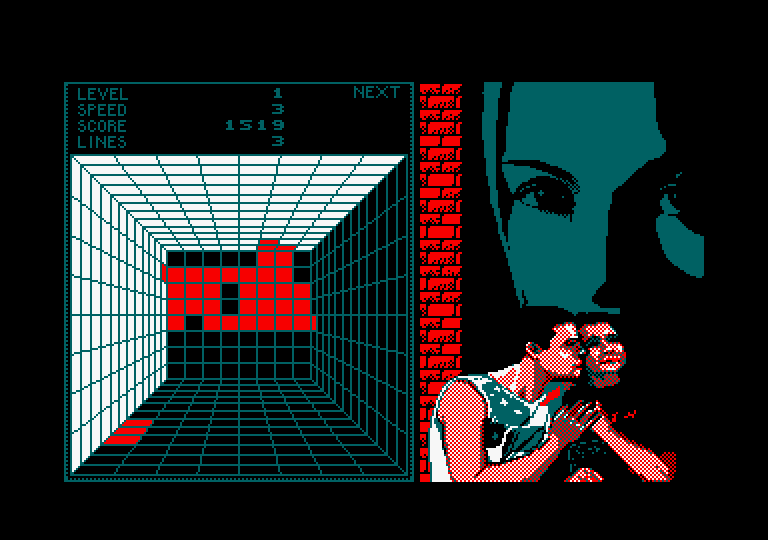 Welltris Amstrad CPC Screenshot: Two walls blocked off! The game ends if all four are unavailable...