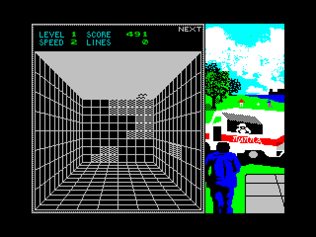 Welltris ZX Spectrum Screenshot: Each speed level has different artwork.