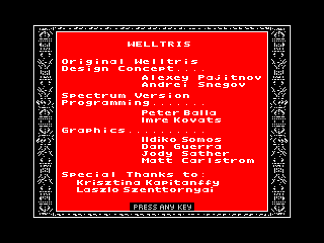 Welltris ZX Spectrum Screenshot: Credits screen.