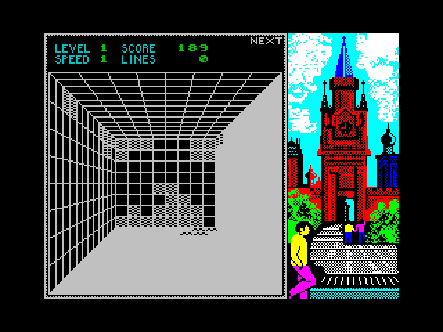 Welltris ZX Spectrum Screenshot: Walls become blocked if pieces don't fit at the bottom of the well.