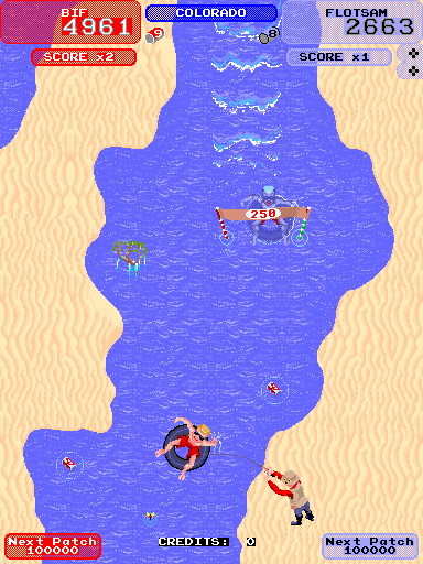 Toobin' Arcade Screenshot: Don't get hit by the fisherman!