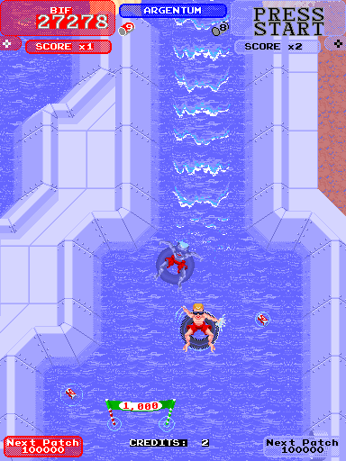 Toobin' Arcade Screenshot: The waves indicate an area of rapids...