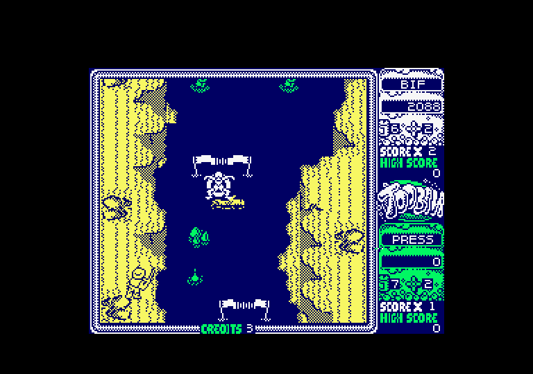 Toobin' Amstrad CPC Screenshot: Toobin through a point marker...