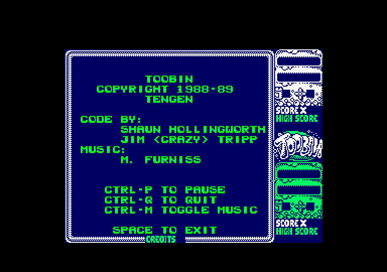 Toobin' Amstrad CPC Screenshot: Credits screen.