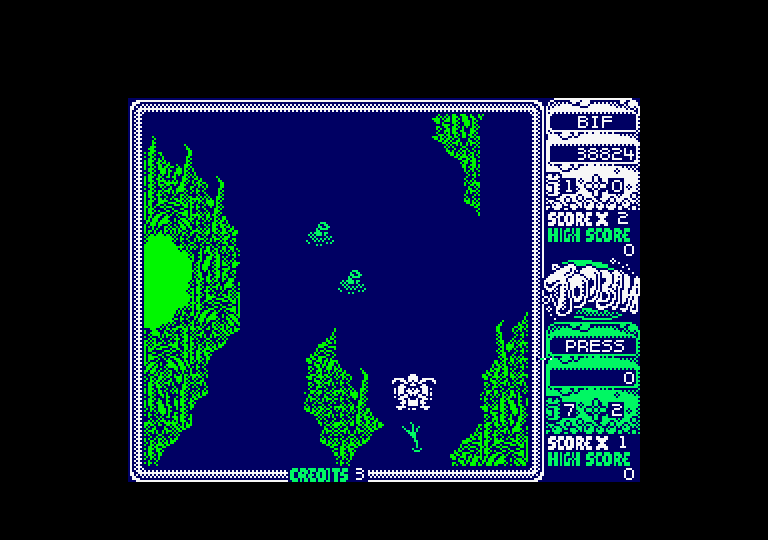Toobin' Amstrad CPC Screenshot: Back up, if you can, that twig will sink the tube!