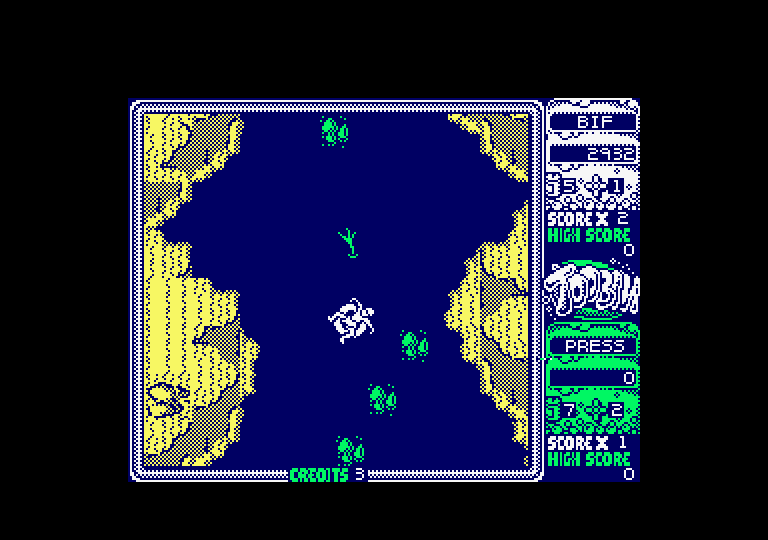 Toobin' Amstrad CPC Screenshot: Don't crash into rocks!