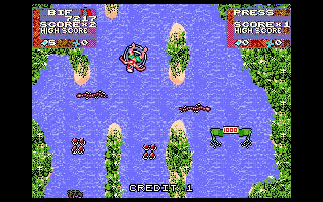 Toobin' IBM PC/Compatibles Screenshot: The jungle has a lot of dangers for rafts...