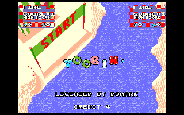Toobin' IBM PC/Compatibles Screenshot: The title screen bounces up and down while the credits are displayed below.