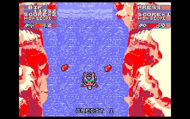 Toobin' IBM PC/Compatibles Screenshot: Don't get hit by the falling rocks.