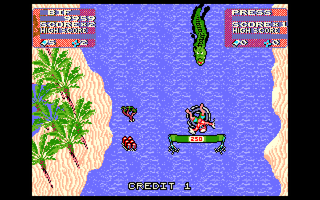 Toobin' IBM PC/Compatibles Screenshot: Uh oh, an alligator is sneaking up from behind!