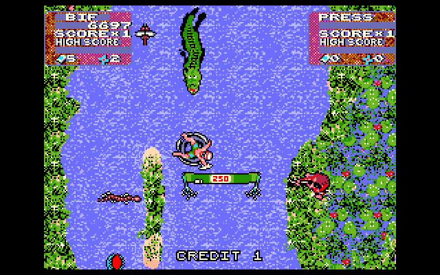 Toobin' IBM PC/Compatibles Screenshot: Watch out for that alligator!