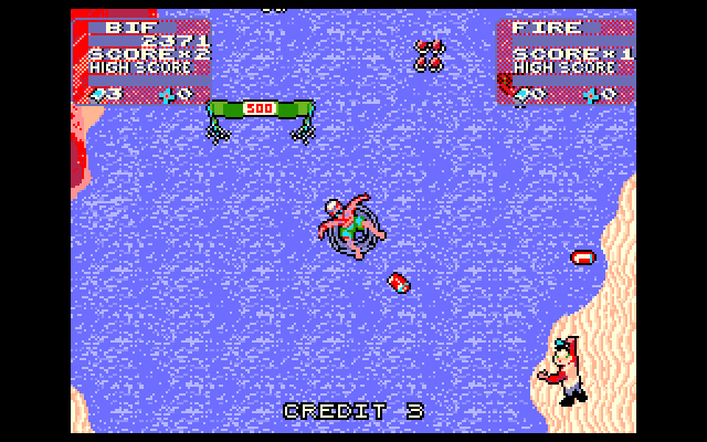 Toobin' IBM PC/Compatibles Screenshot: You can try to throw cans at obstacles on the shore.