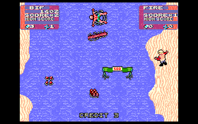 Toobin' IBM PC/Compatibles Screenshot: Don't crash into floating logs!