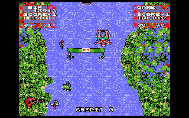 Toobin' IBM PC/Compatibles Screenshot: There a lot of obstacles in the jungle...