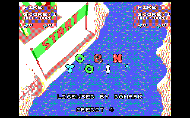 Toobin' IBM PC/Compatibles Screenshot: The game title letters bounce up and down while credits are displayed below.