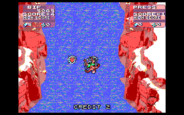 Toobin' IBM PC/Compatibles Screenshot: Don't get hit by falling rocks...