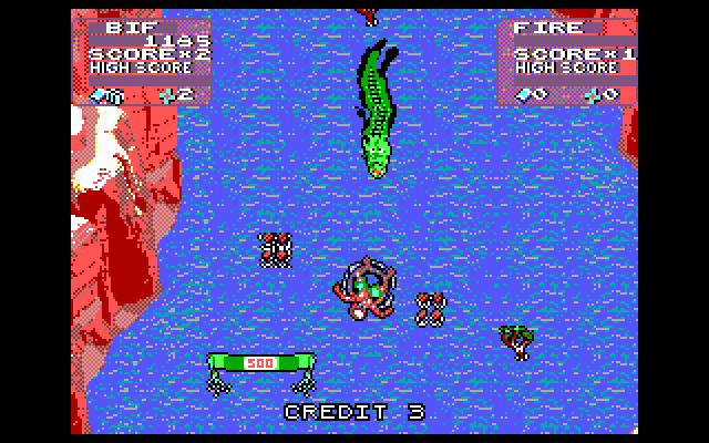 Toobin' IBM PC/Compatibles Screenshot: Uh oh, here comes an alligator from behind!