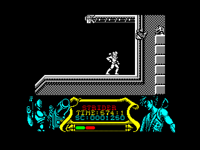 Strider ZX Spectrum Screenshot: Looks like a dead end, but I can jump up from here...