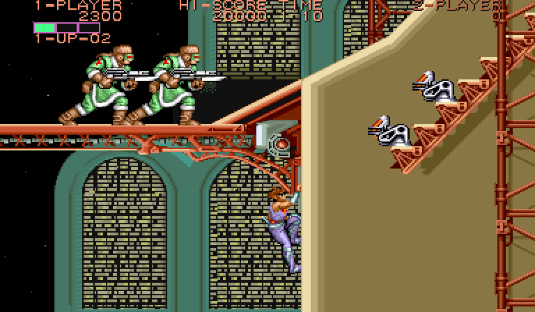 Strider Arcade Screenshot: Climbing to the next platform again.